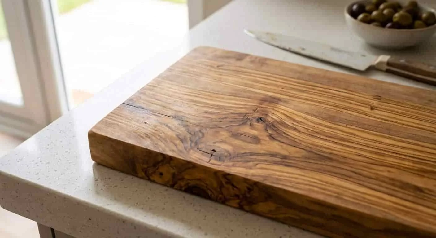 Close-up of an olive wood cutting board showing rich swirling grain on a kitchen counter