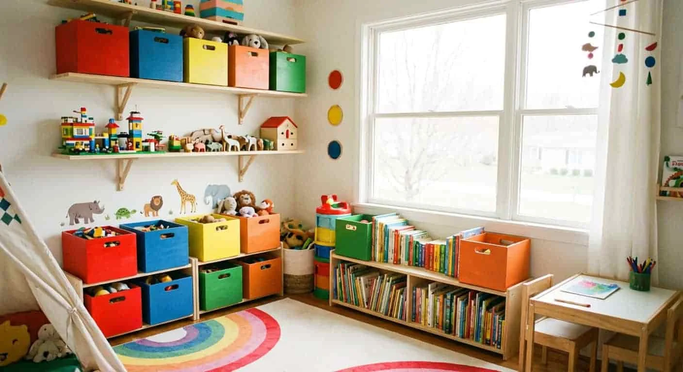 Colorful wooden storage bins arranged on shelves in a kids’ room