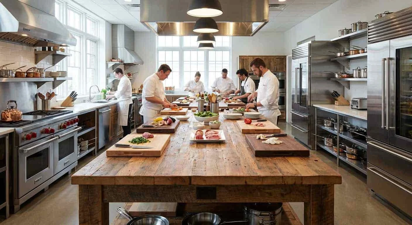 Cooking studio with multiple solid wood cutting boards on an island