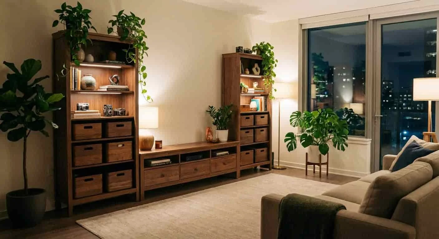 Living room with coordinated wooden storage bins integrated into furniture
