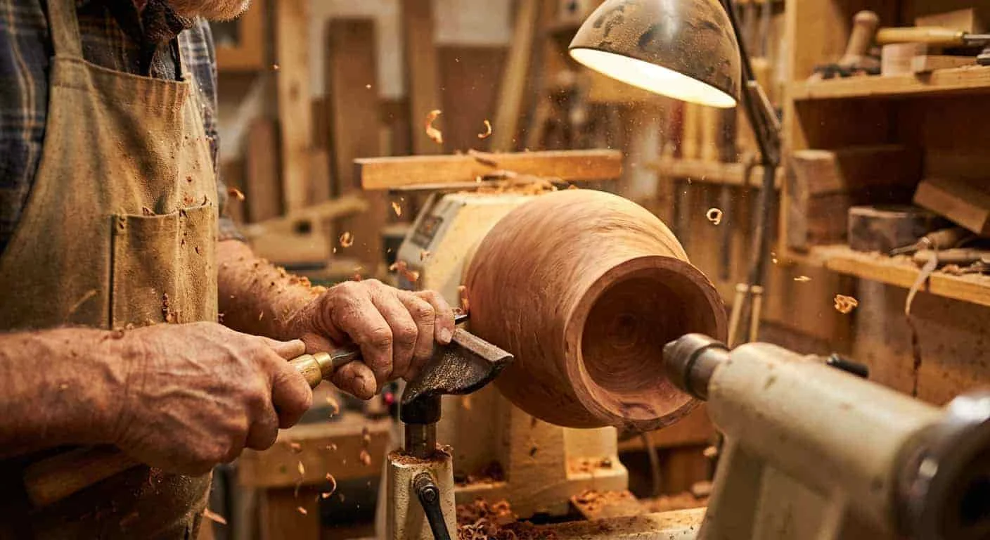 Close-up of craftsman shaping custom wooden vase designs on a lathe