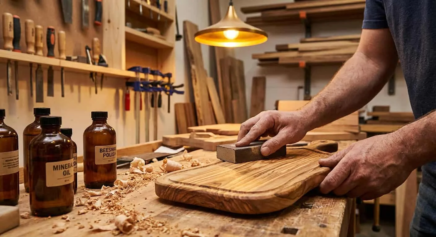 Craftsman sanding and oiling an olive wood cutting board in a woodworking studio