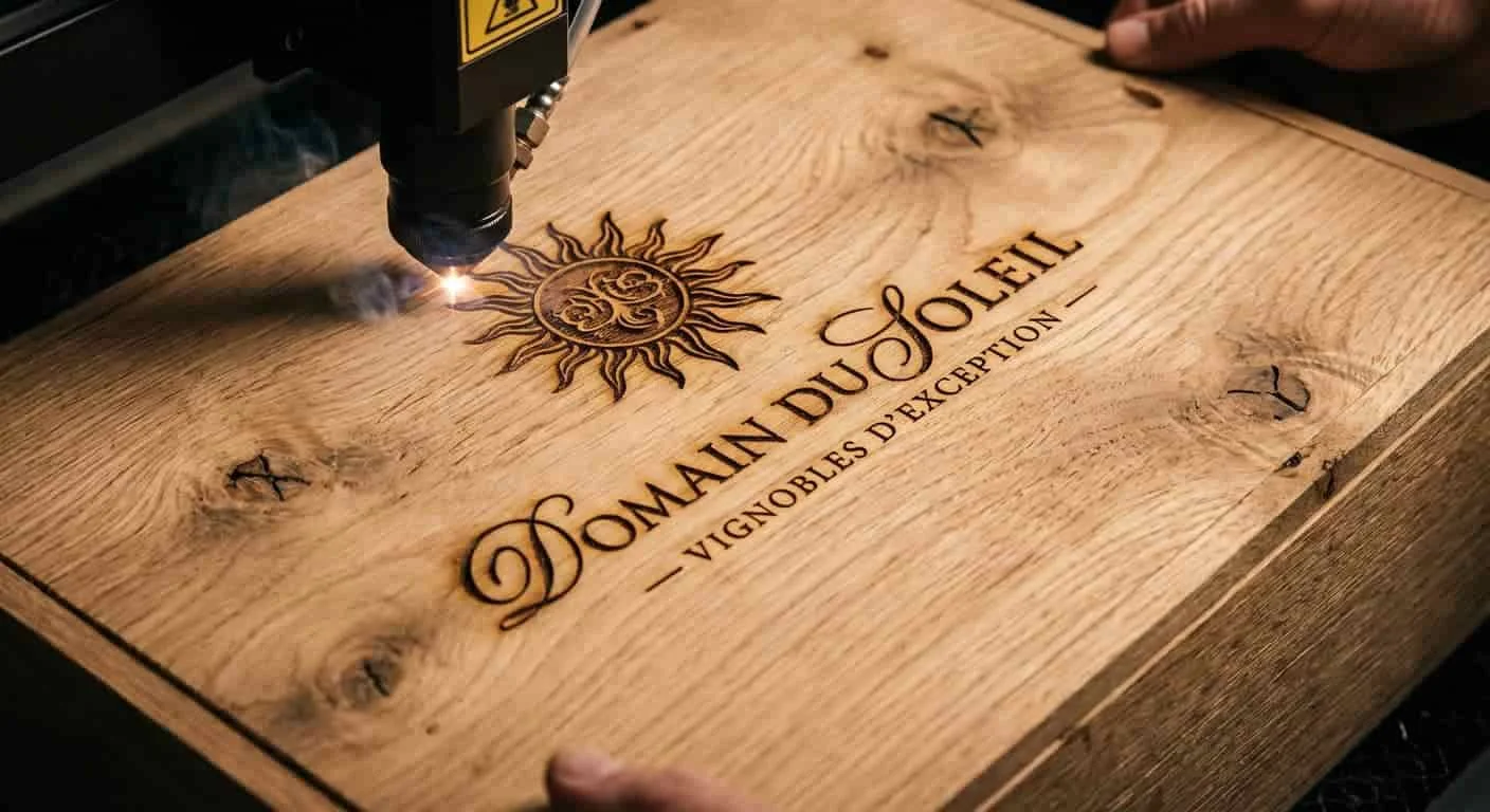 Detail view of a custom engraved wooden wine box with logo and text
