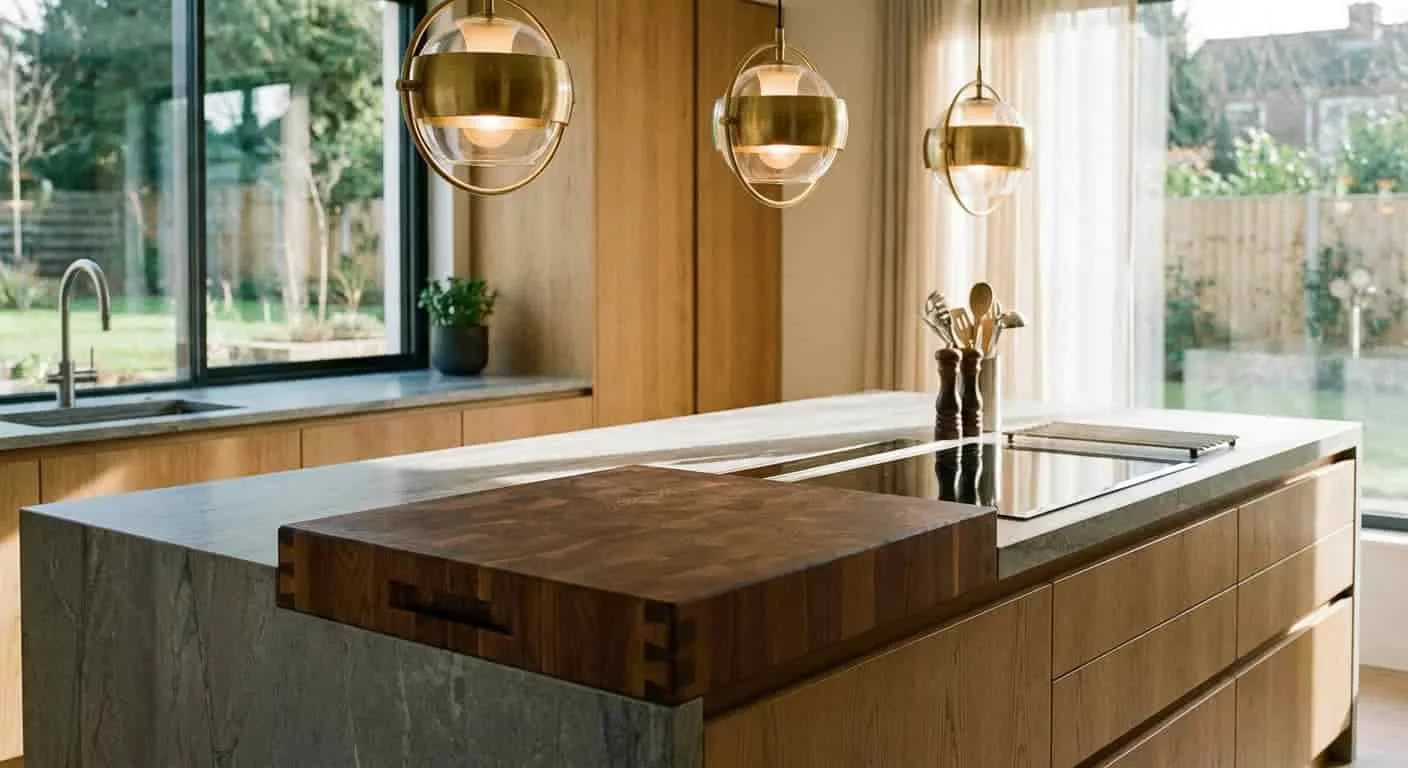 Custom solid wood butcher block integrated into a kitchen island