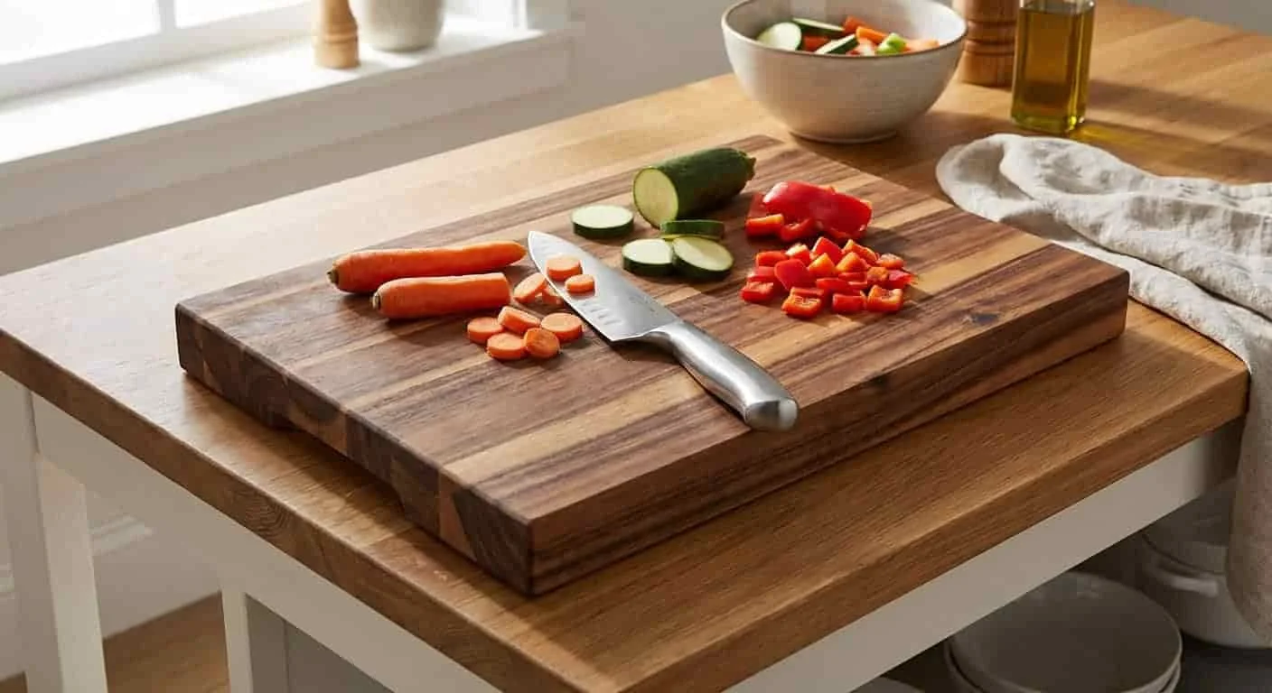 Edge grain acacia wood cutting board with chopped vegetables