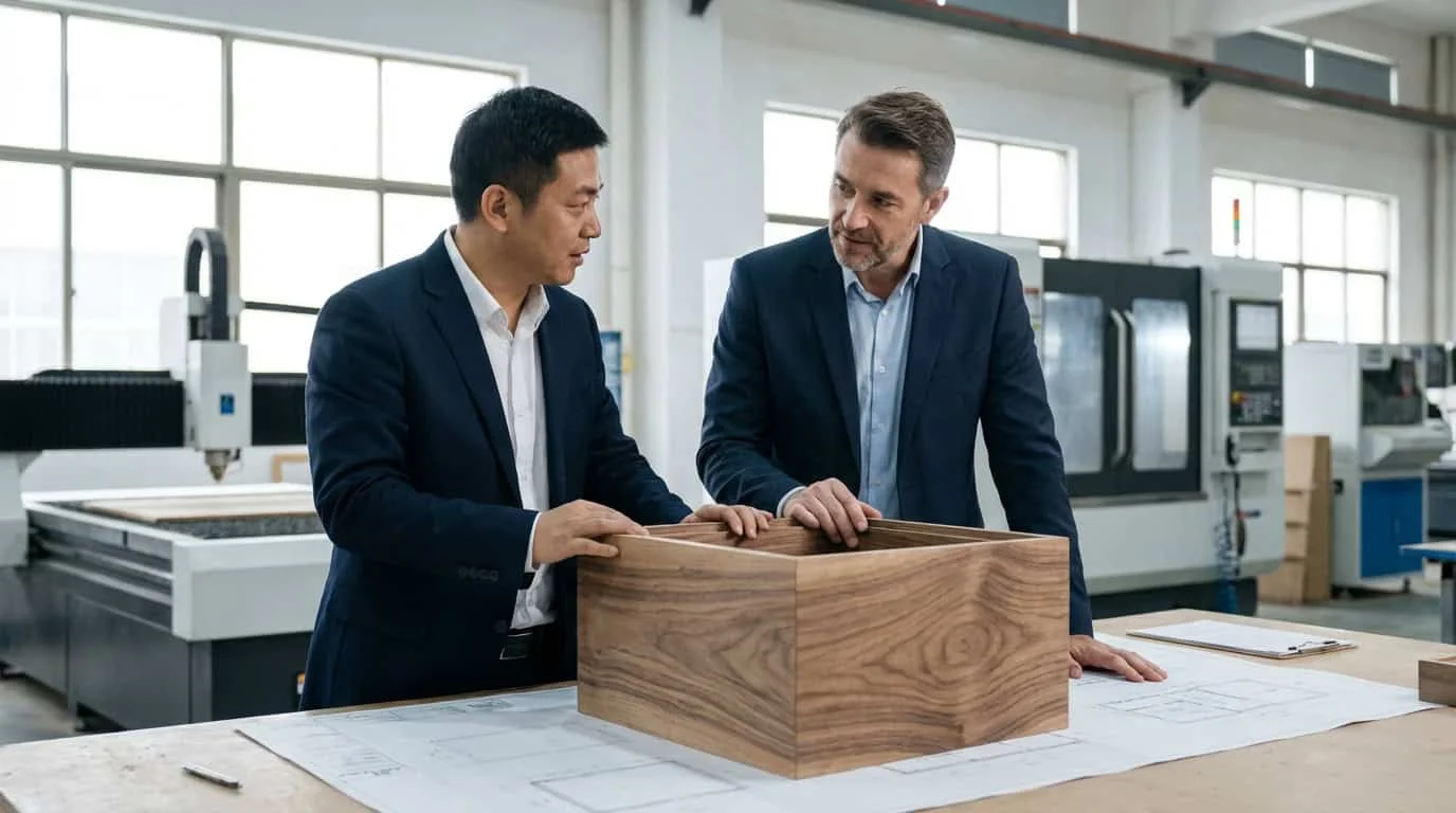 Production manager and buyer discussing wooden product blueprints in a workshop.