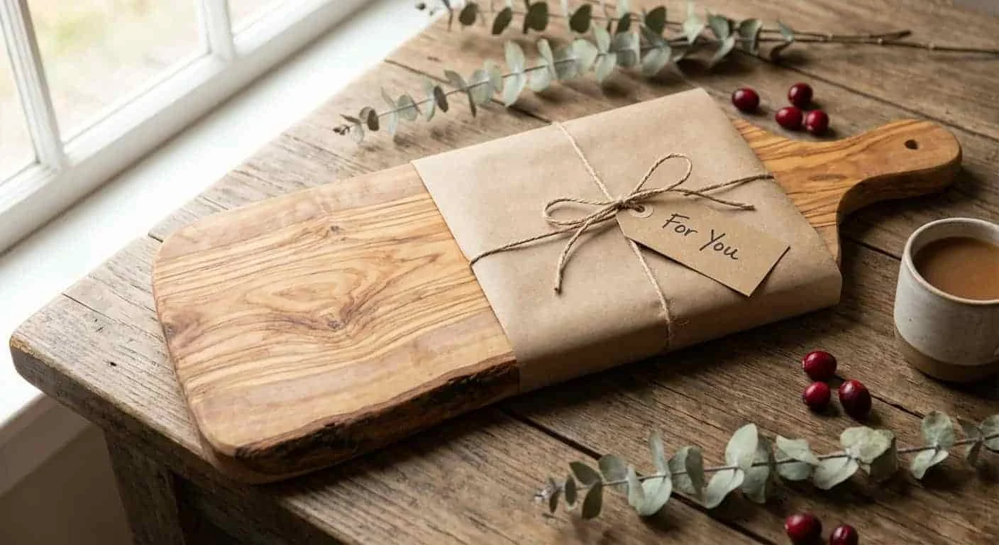 Gift-wrapped olive wood cutting board with ribbon and gift tag on a wooden table