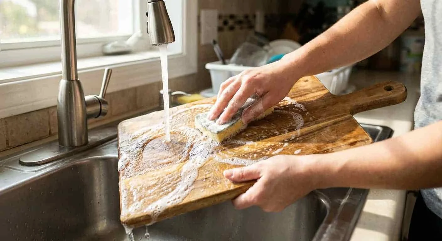 Person hand-washing a solid wood cutting board in a kitchen sink