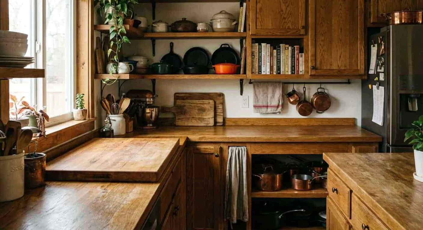 Home kitchen with large solid wood cutting board and wooden countertops