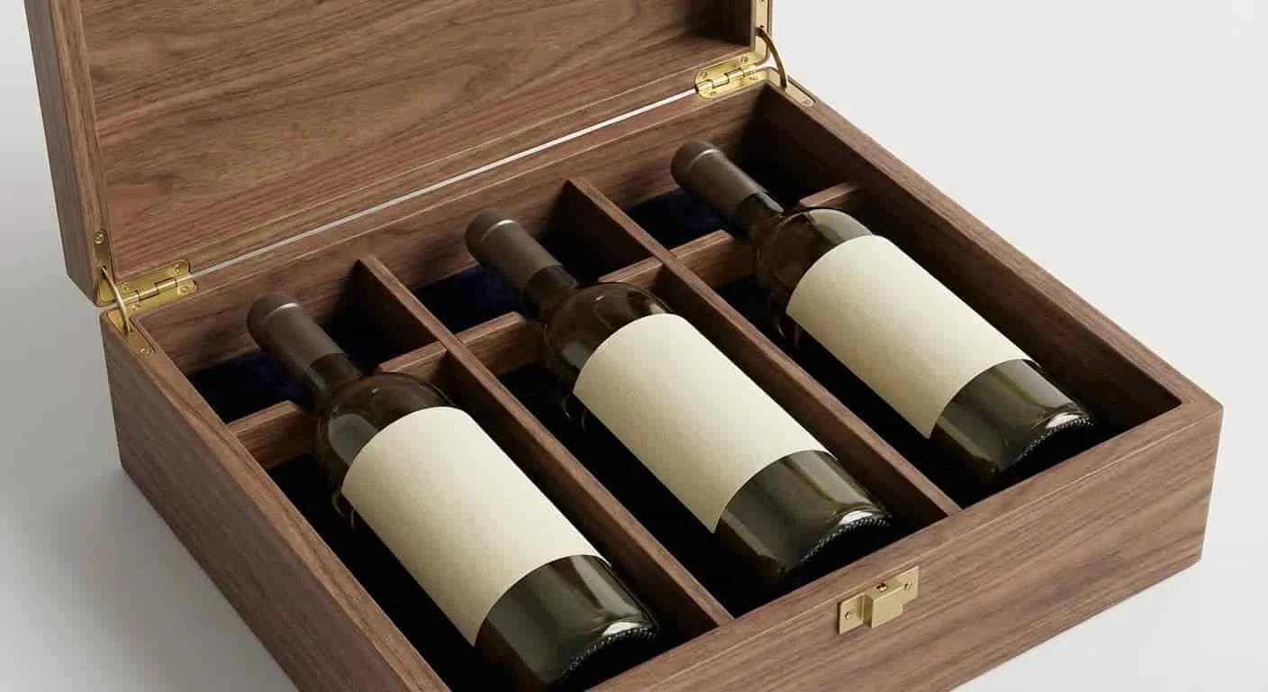 Interior of a multi-bottle wooden wine gift box with dividers and fabric lining