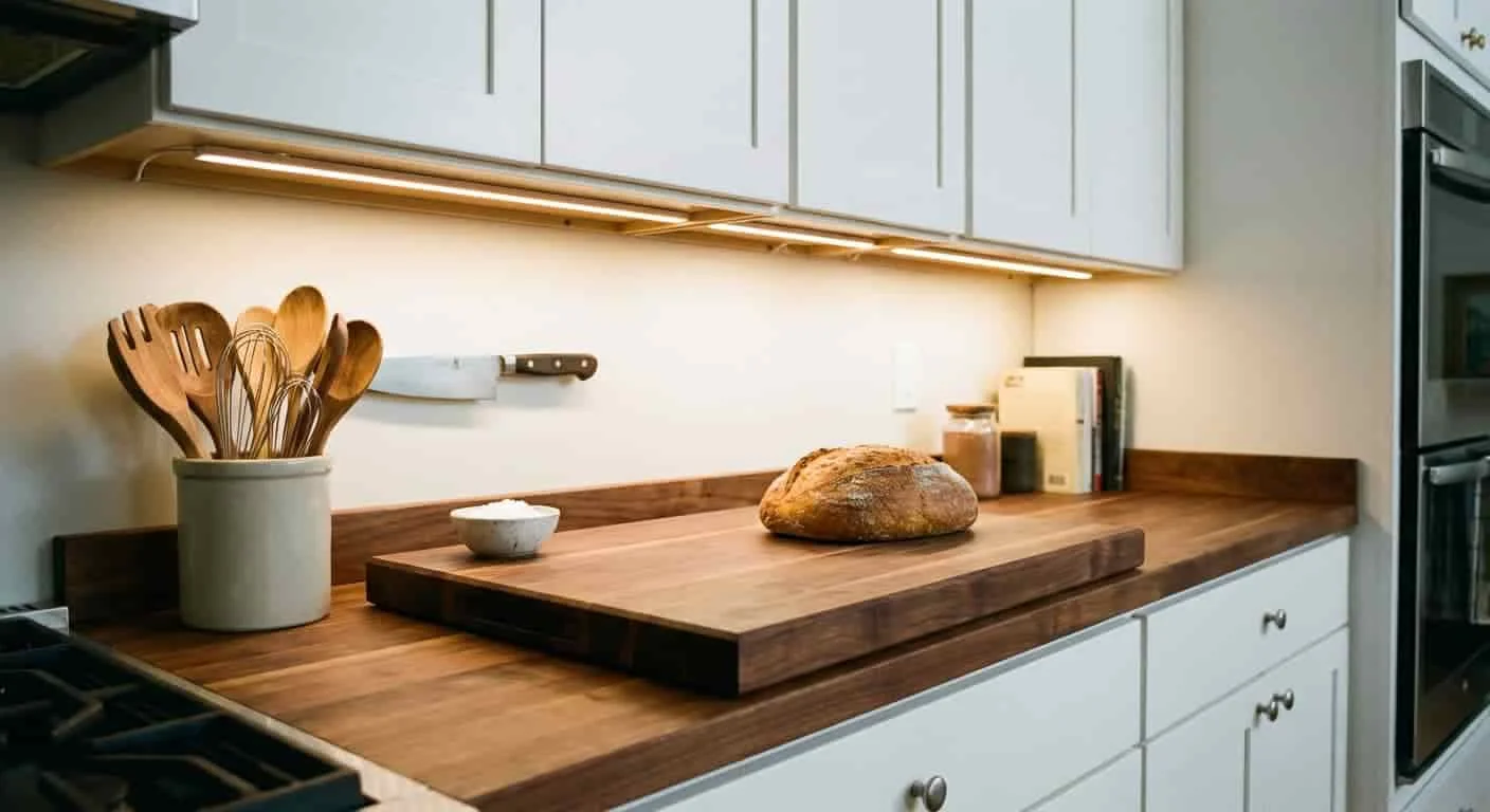 Kitchen design with matching solid wood cutting board and wood countertop