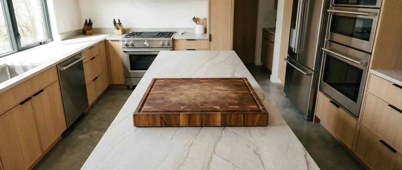 Large end grain solid wood cutting board on kitchen countertop