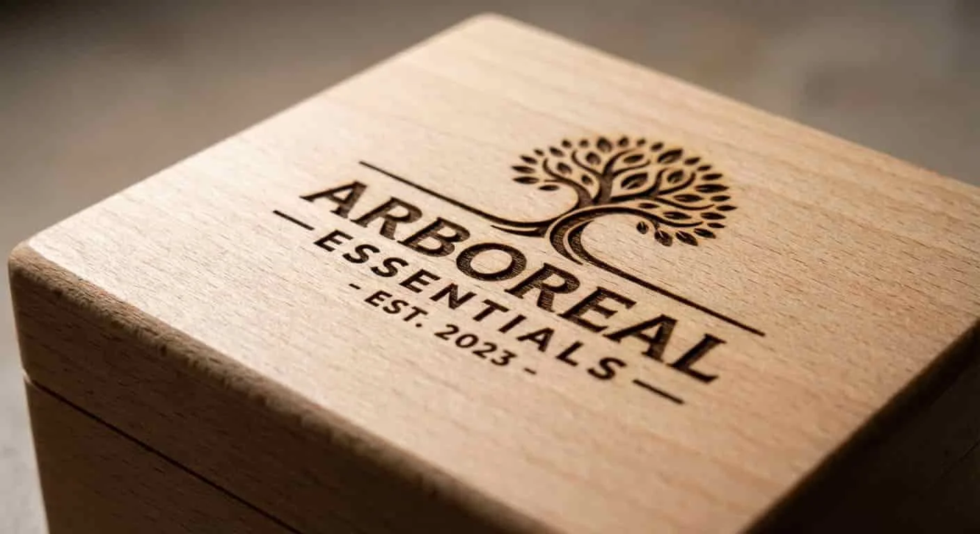 Detail of laser engraved logo on the lid of a wooden essential oil box