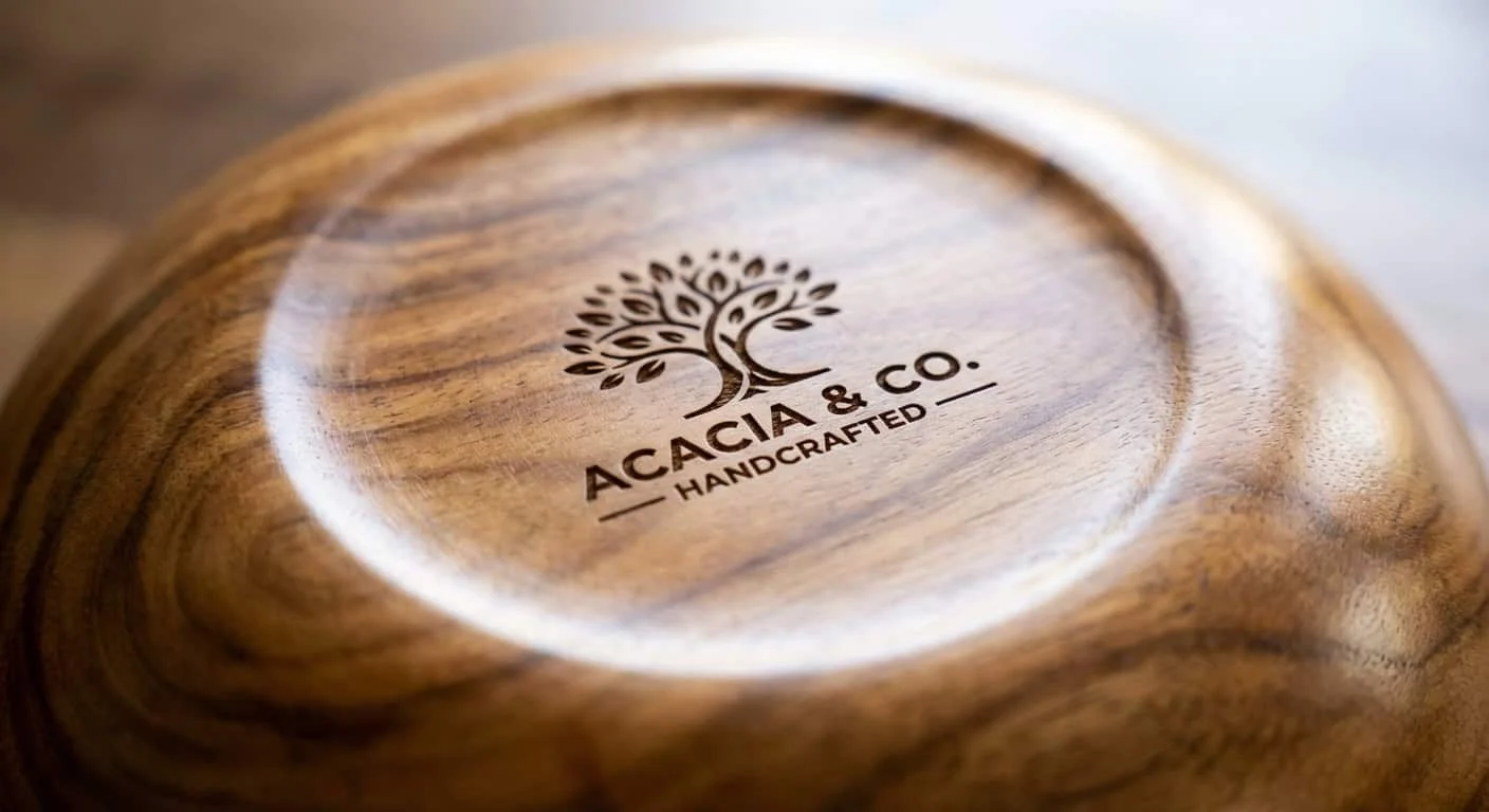 Close-up of a wooden bowl bottom with custom laser engraved logo and brand name