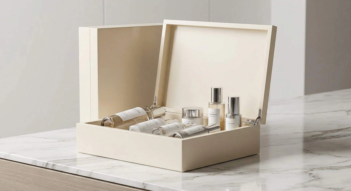 A luxury wooden cosmetic packaging box with a smooth finish displaying skincare products