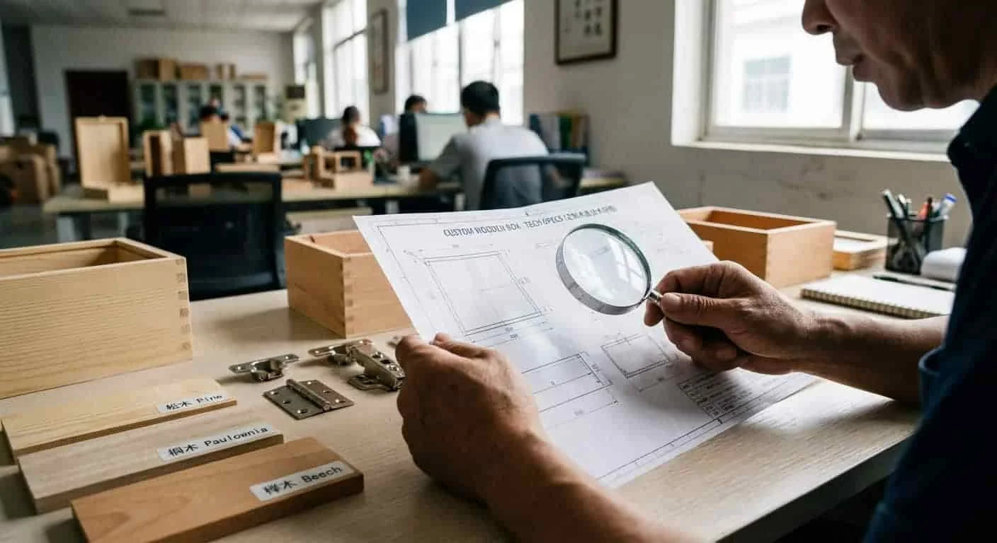 Manufacturer reviewing custom wooden box blueprints and material samples in an office setting