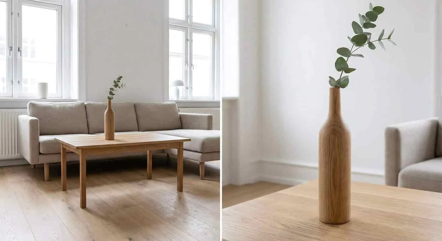 Wooden Vases - Minimalist living room with a tall wooden vase on a coffee table