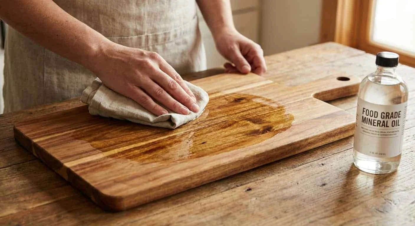 Applying mineral oil to an acacia cutting board with a cloth