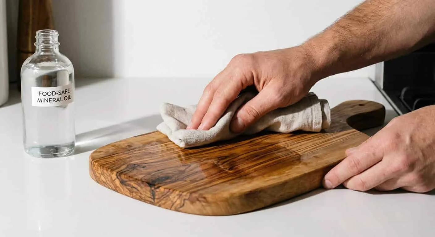 Hand applying food-safe oil to an olive wood cutting board to maintain its finish