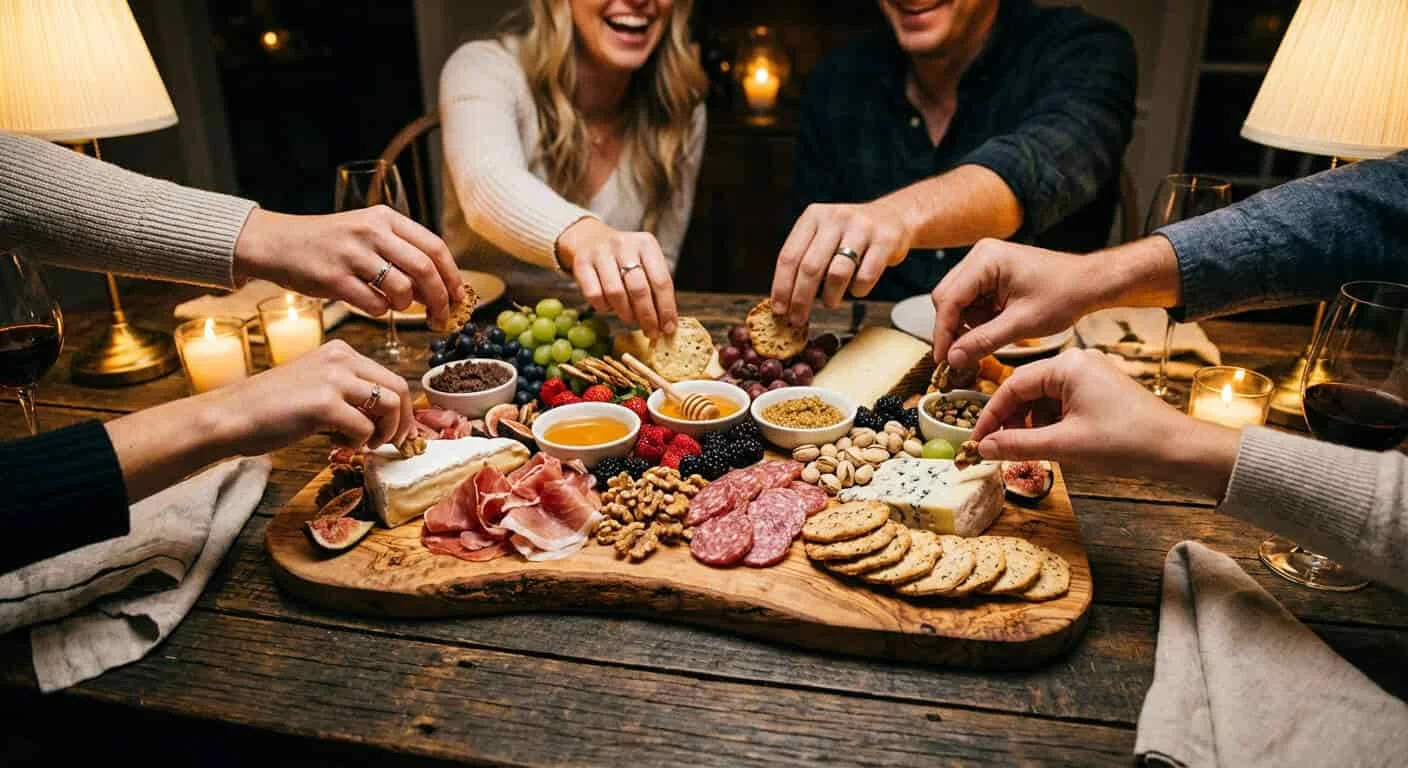 Olive wood cutting board styled as a charcuterie platter with cheese, meats, and fruit