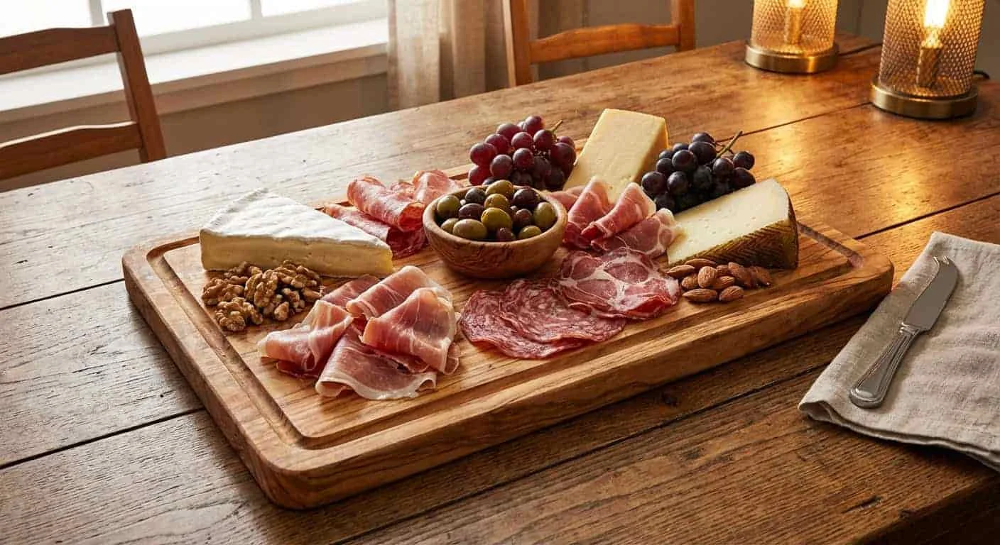 Olive wood cutting board used as a cheese and charcuterie serving board on a dining table