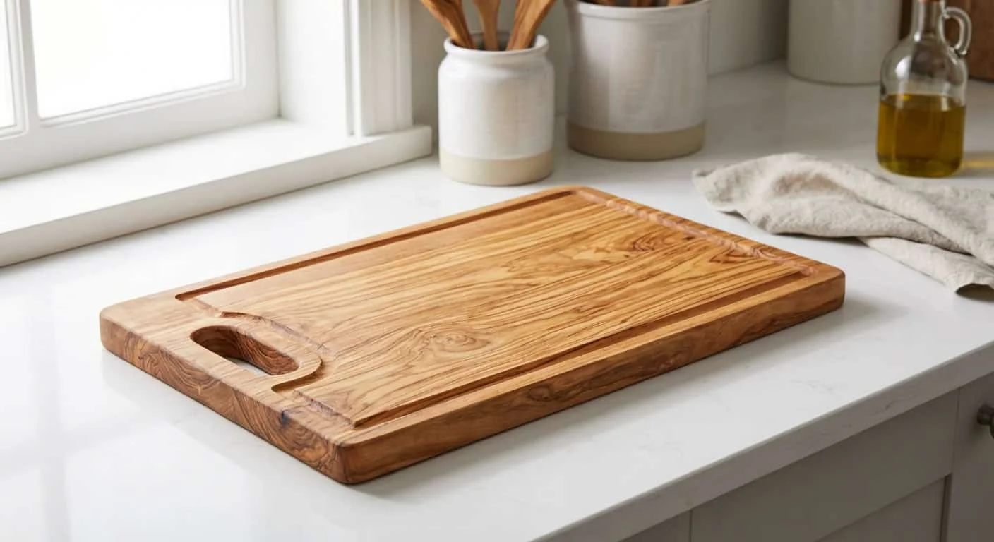 Olive wood cutting board with handle and juice groove on a modern kitchen countertop
