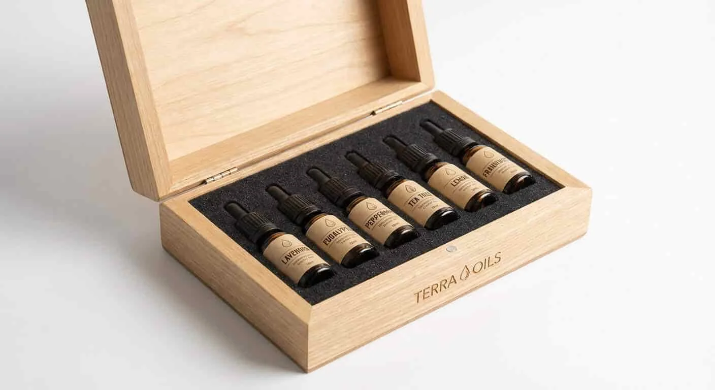Open wooden essential oil box showing foam insert and labeled bottles