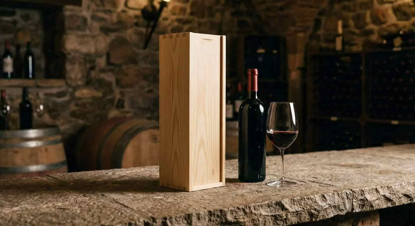 A pine wood wine packaging box holding a premium wine bottle with sliding lid design