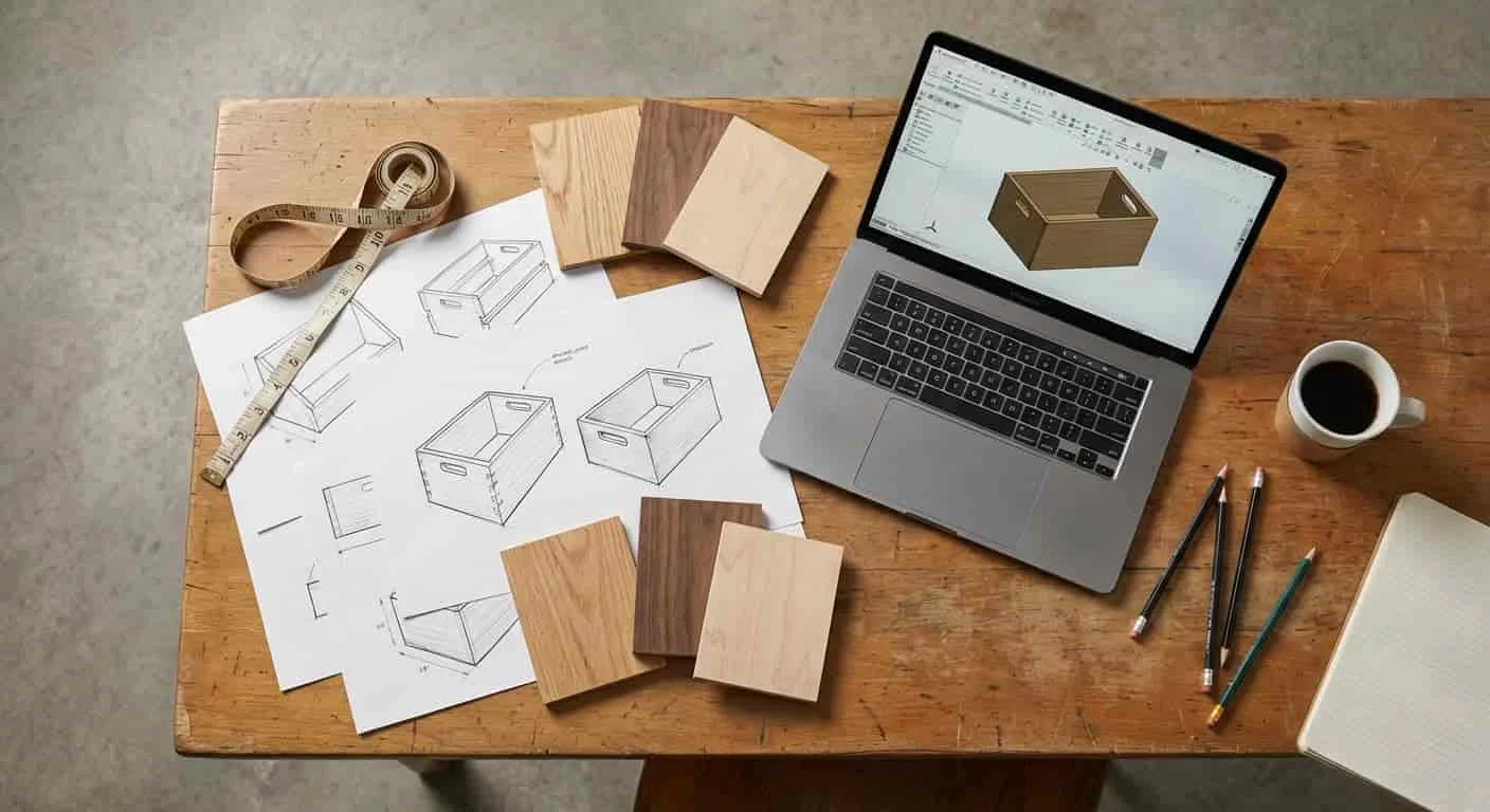 Designer planning wooden storage bin layout with sketches and measuring tape