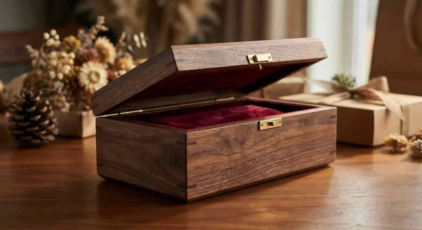 Close-up of a premium walnut wooden gift box with natural grain patterns on a wooden table