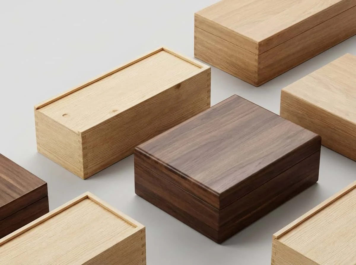 Assortment of premium wooden boxes showing pine and walnut textures
