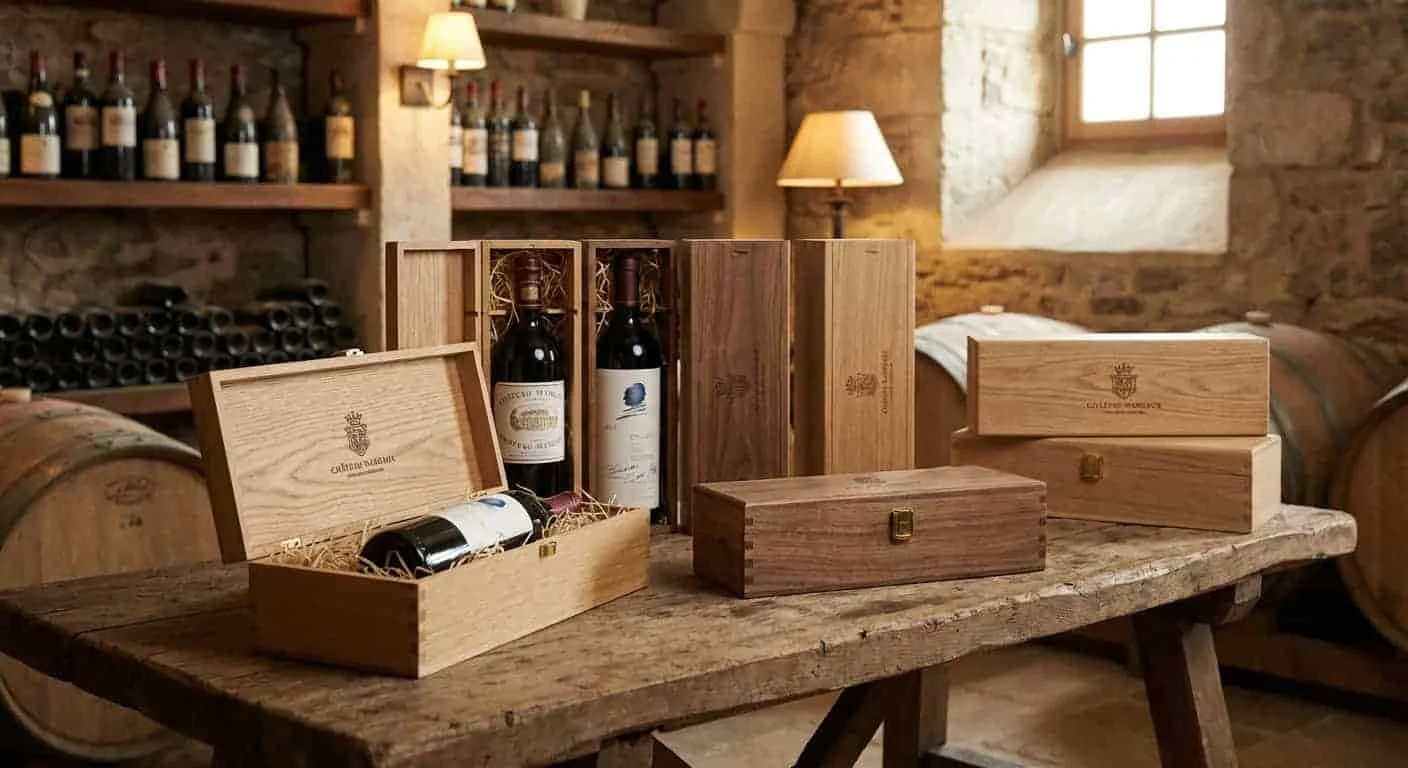 Premium wooden wine boxes with bottles displayed on a rustic table