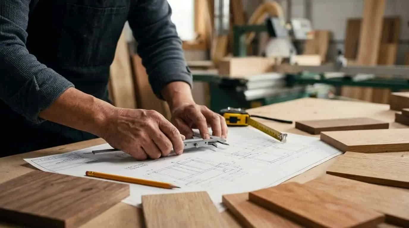 Professional engineer reviewing custom wooden product blueprints in a manufacturer setting with wood samples and measuring tools