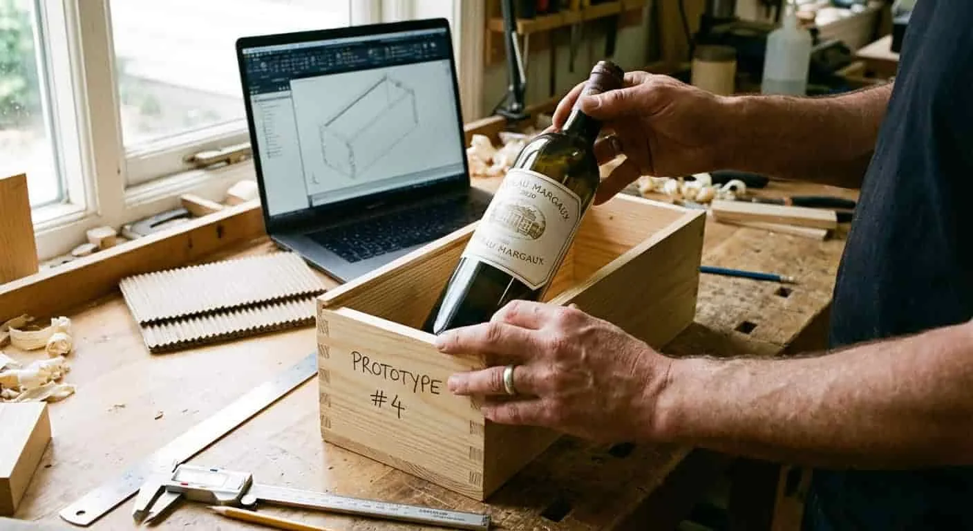 Designer testing a prototype wooden wine box with a bottle inside