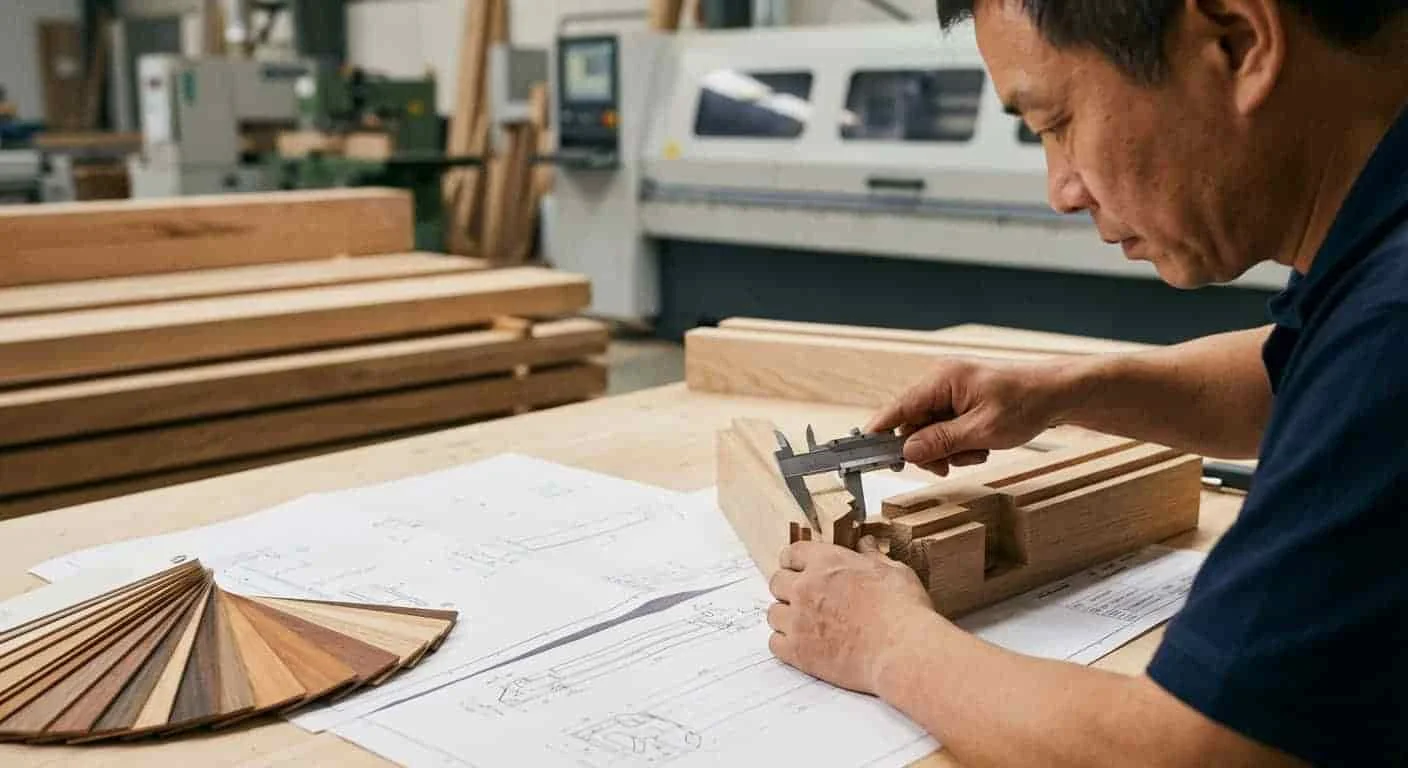 A professional craftsman inspecting a custom wooden product against blueprints in a manufacturer setting, ensuring quality control.