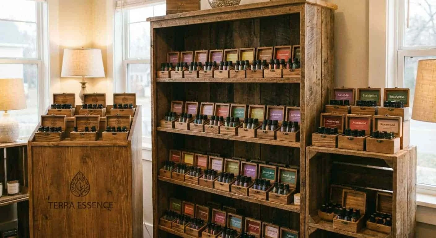 Retail shelf with wooden essential oil boxes and a matching wood display stand
