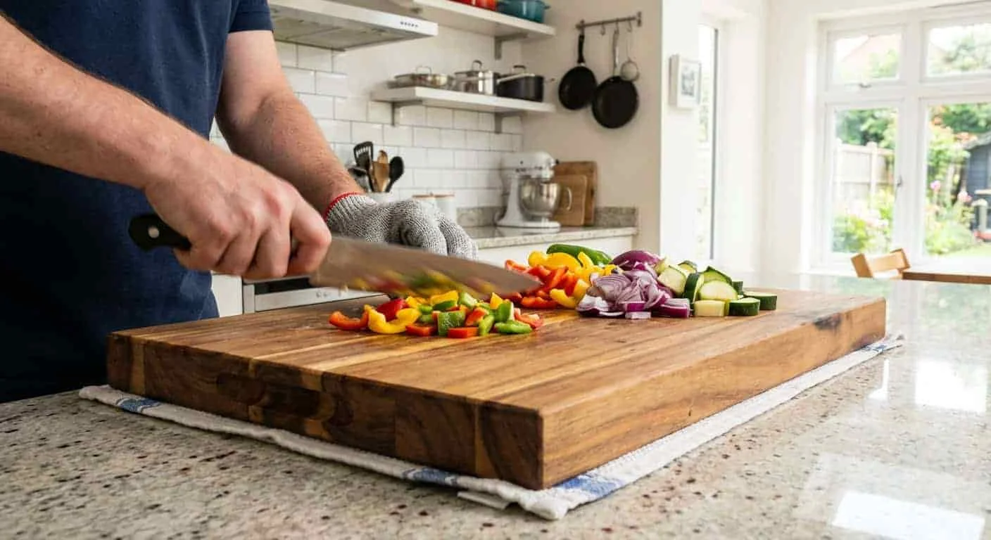 Cook chopping vegetables safely on a stable acacia cutting board