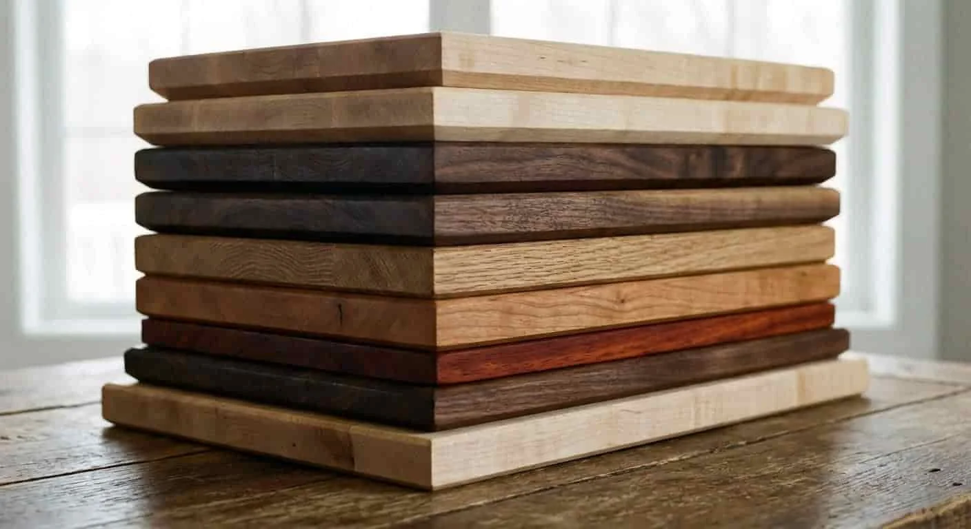 Stack of durable solid wood cutting boards made from different hardwood species