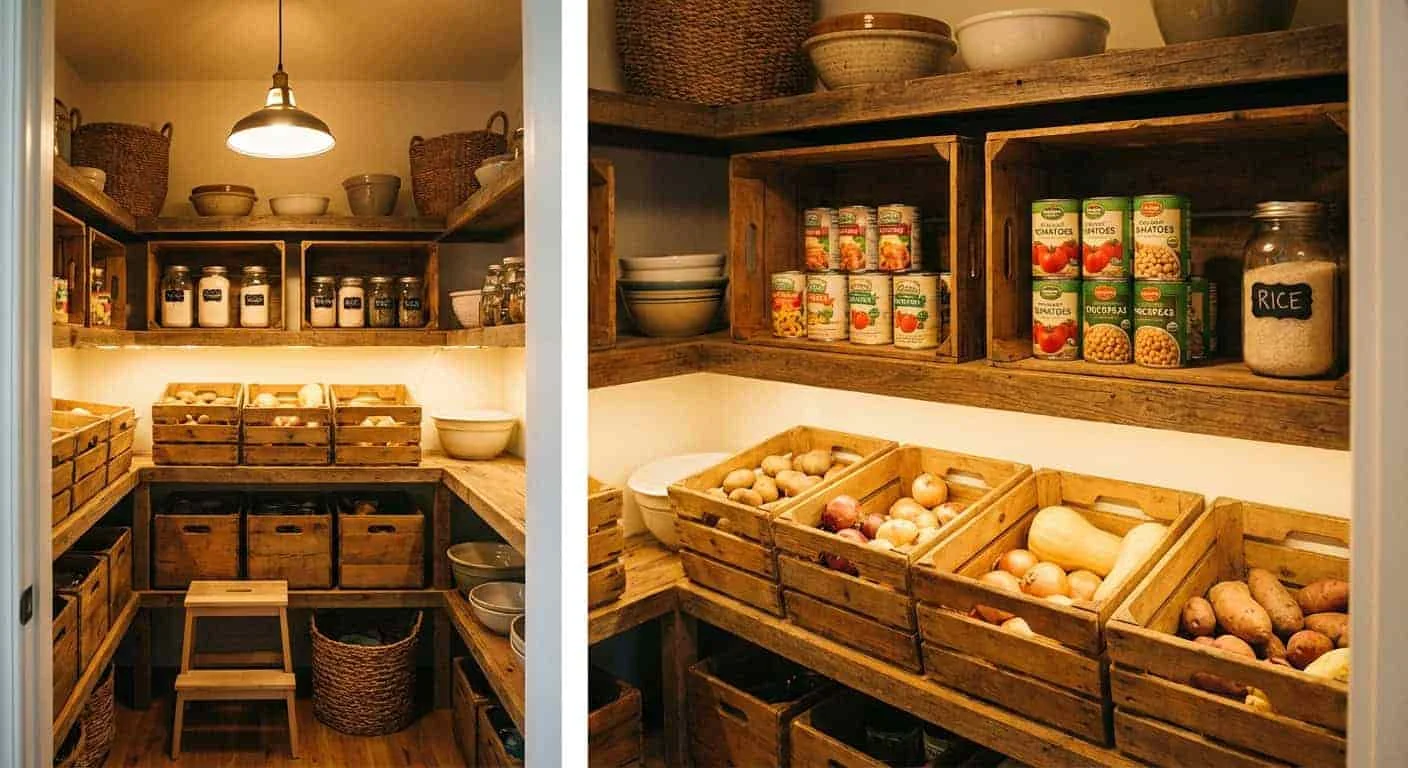Stackable open-top wooden crates used as storage bins in a pantry