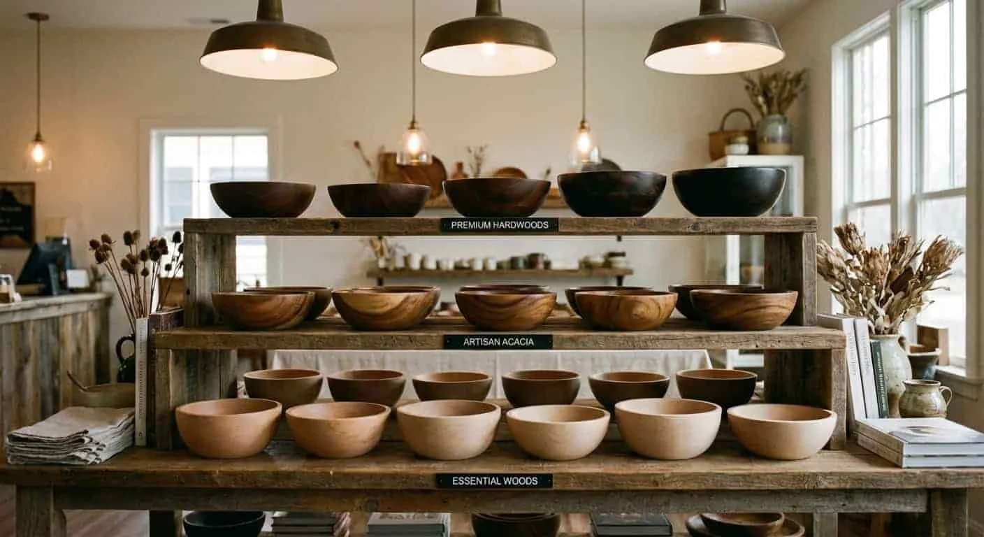 Tiered display showing entry level, mid range, and premium wooden bowls in a showroom