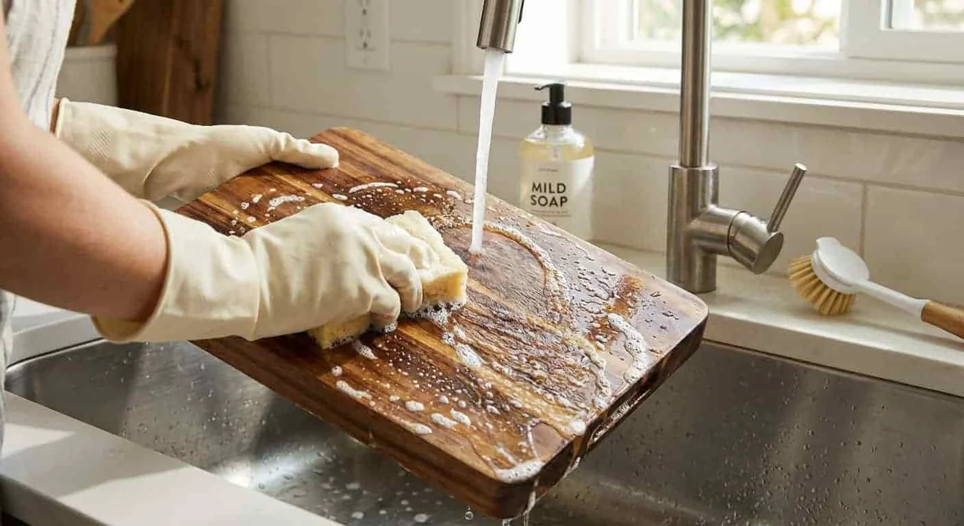 Hand washing an acacia wood cutting board under warm water