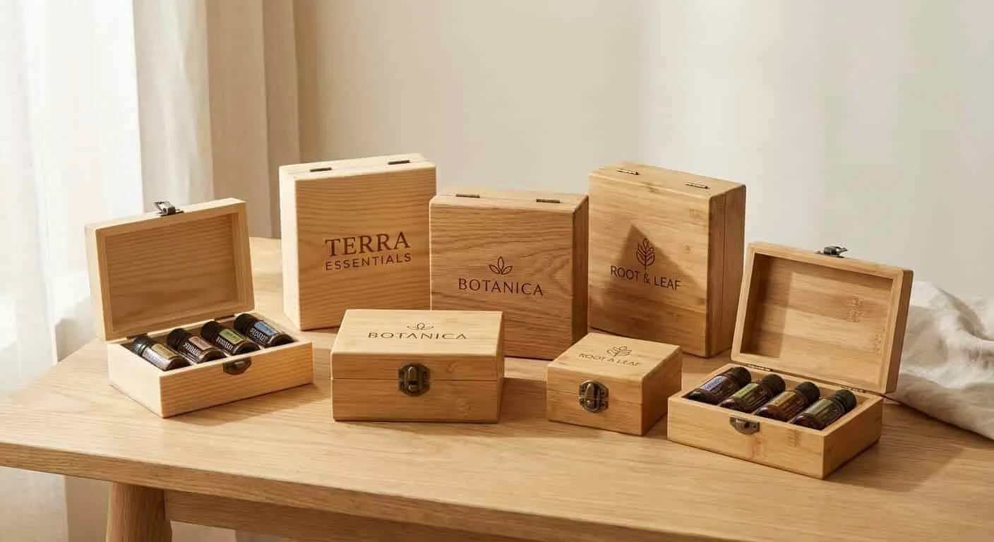 Wood essential oil boxes with multiple bottle sizes arranged on a wooden table