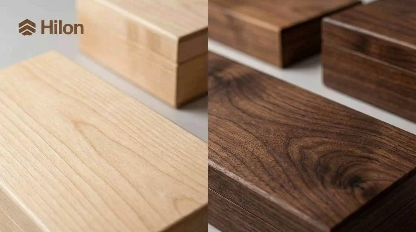 Close-up comparison of light birch wood grain versus dark walnut wood grain for packaging materials