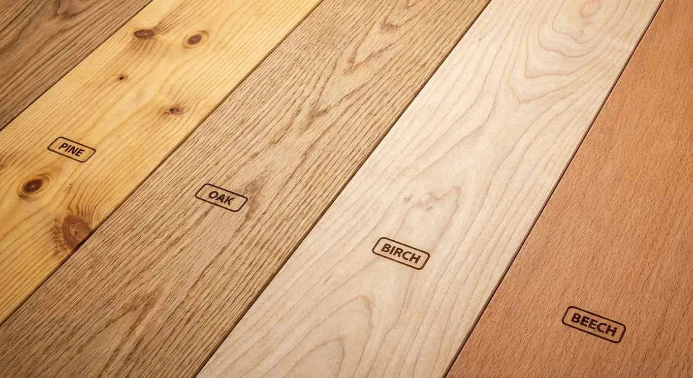 Close-up of different wood species used for crafting wooden storage bins