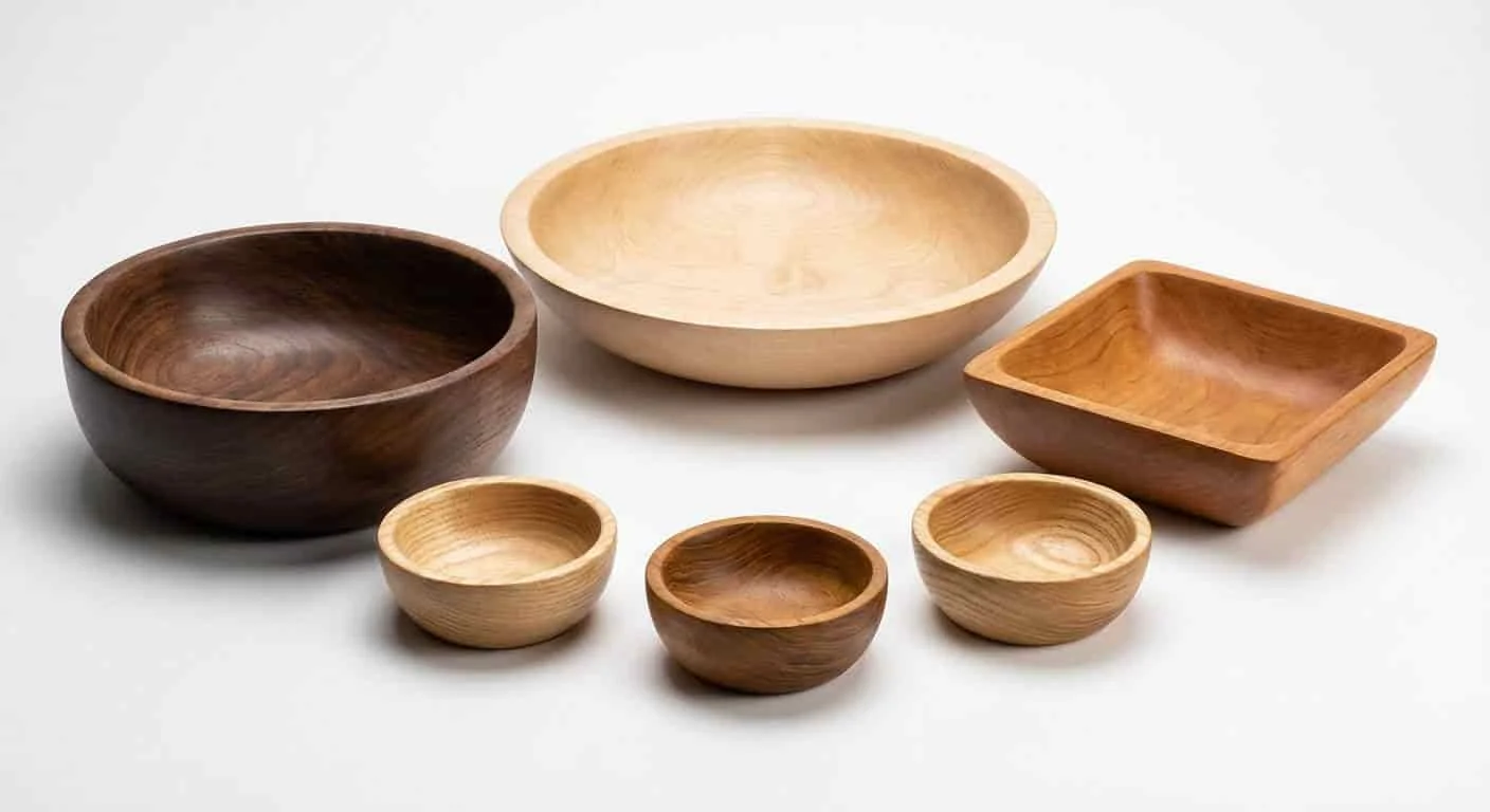 Various wooden bowl profiles including deep, shallow, and square shapes arranged together