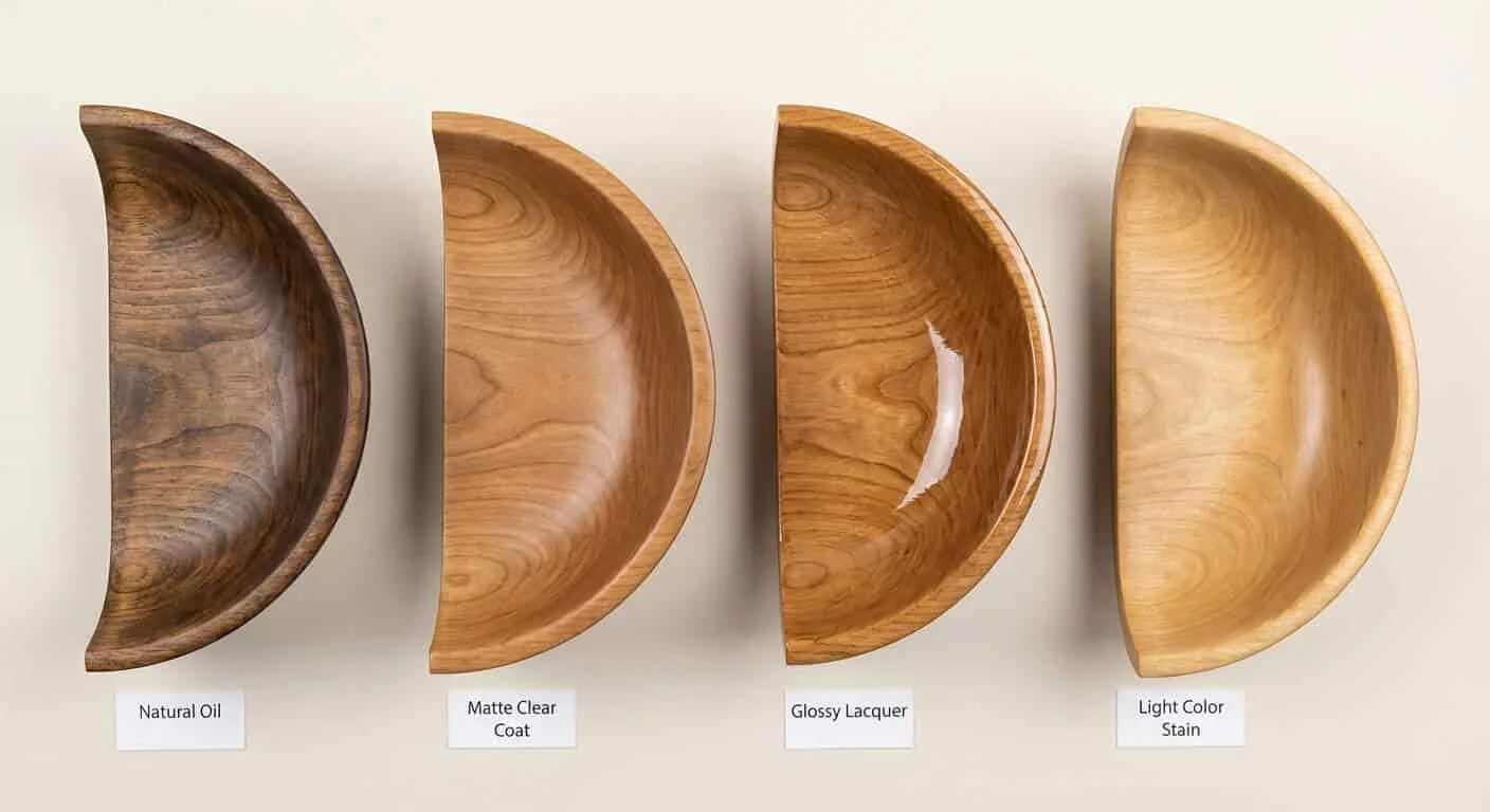 Row of wooden bowl samples showing different finishes including natural oil, matte lacquer, and colored stains