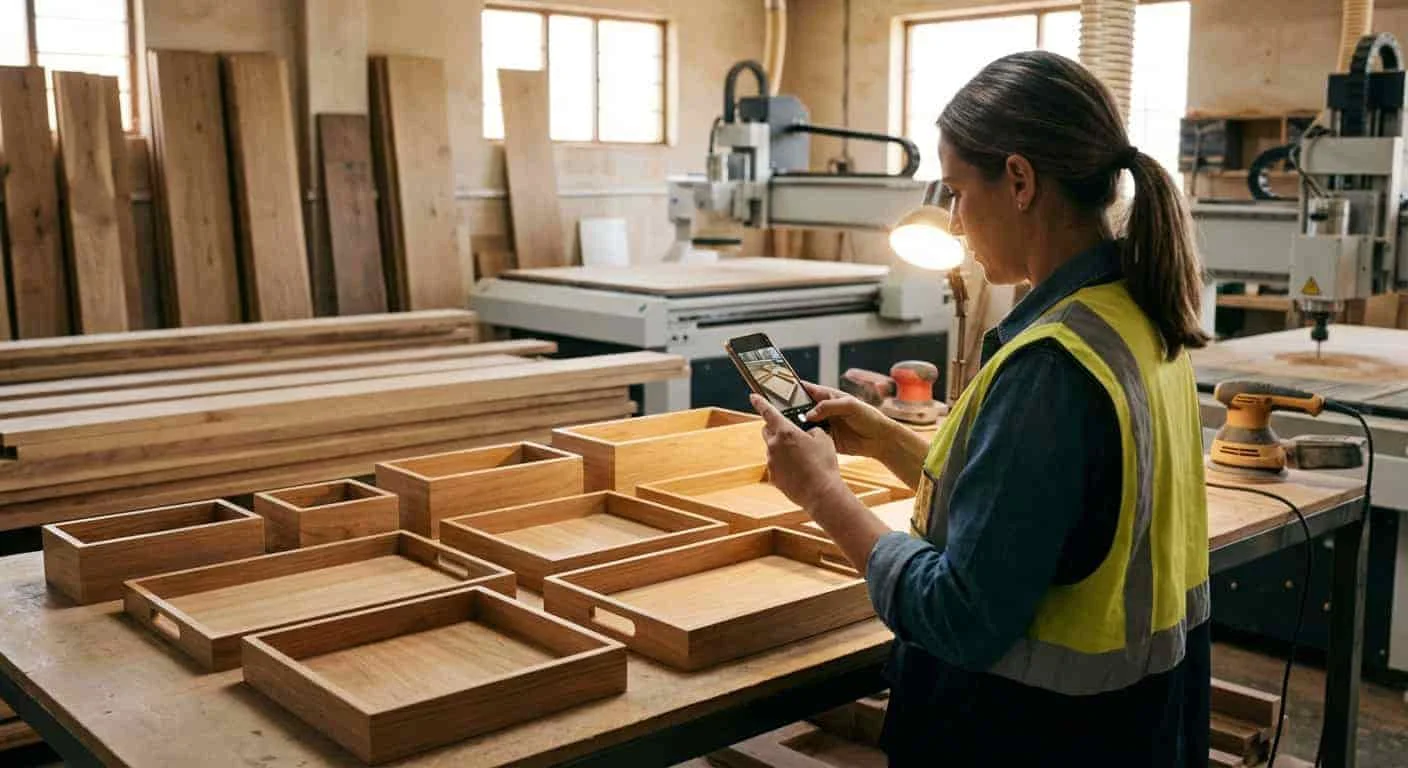 Quality inspector taking photos of semi-finished wooden items in a manufacturer to show progress