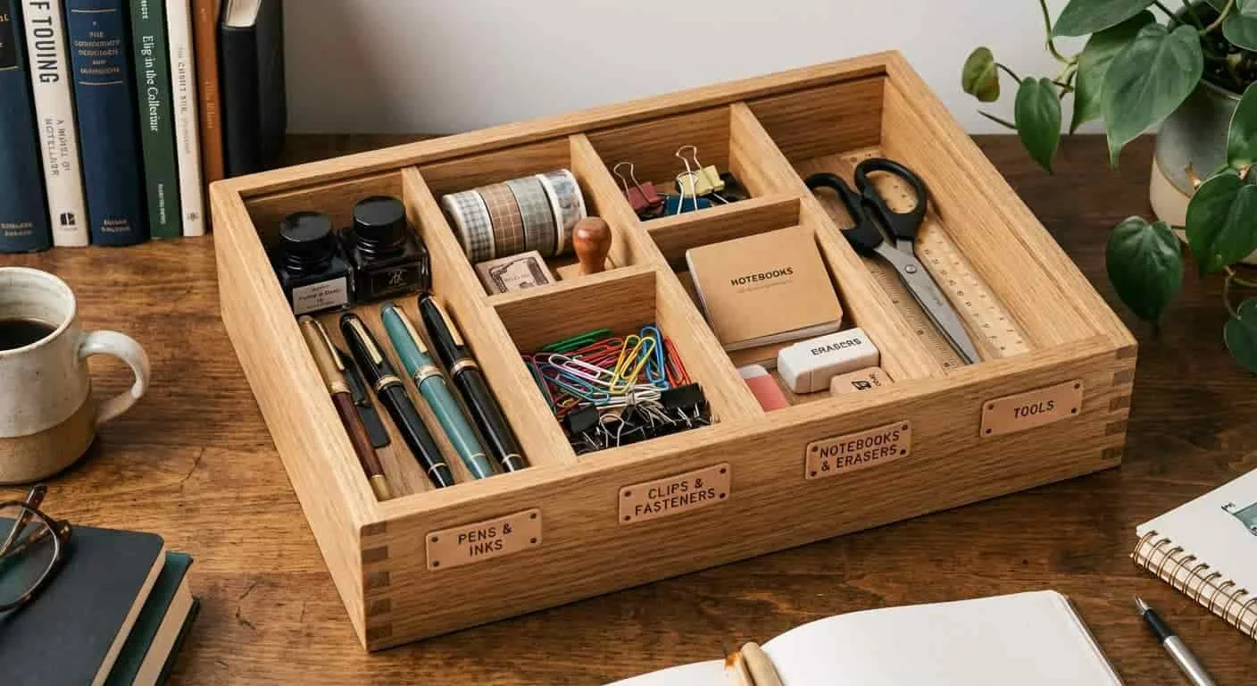 Organized wooden storage bin with dividers and labeled compartments