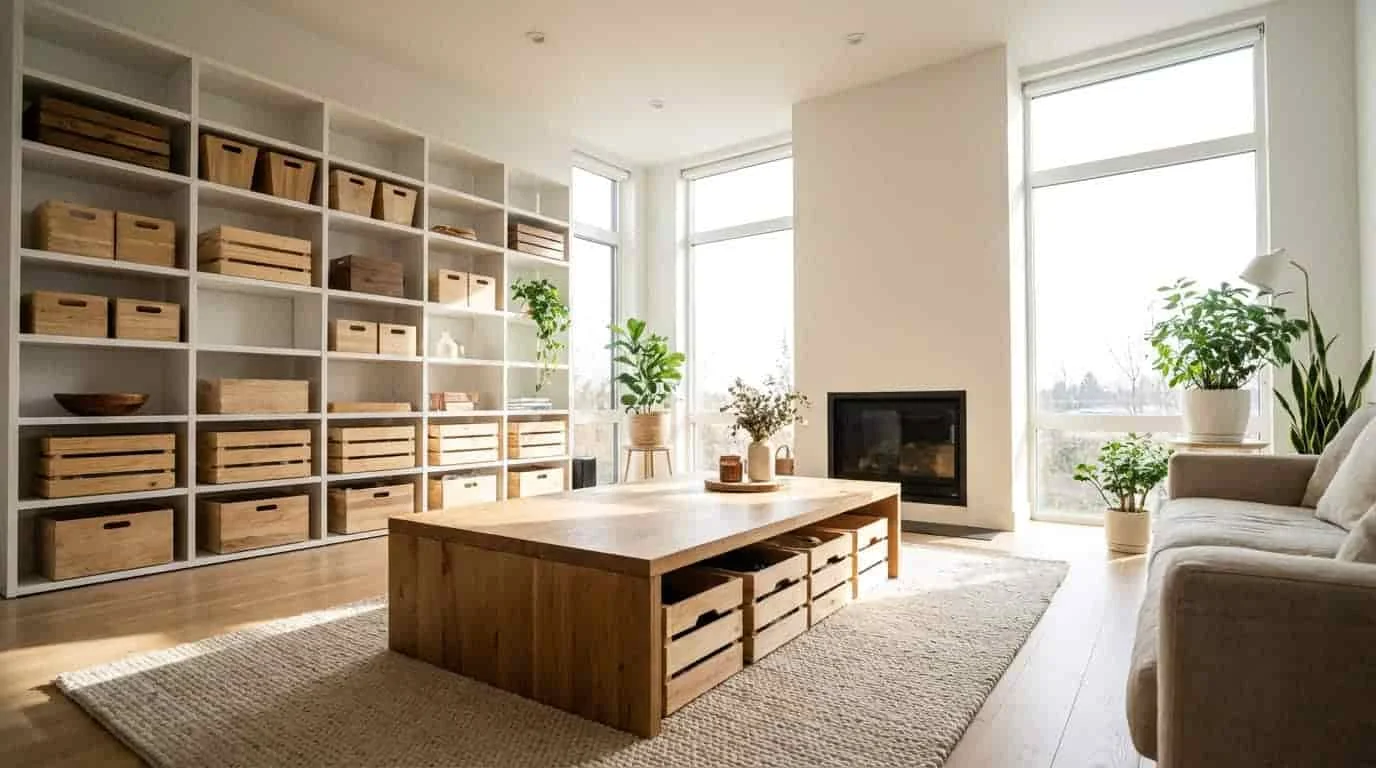 Wooden storage bins neatly arranged on open shelving in a modern living room