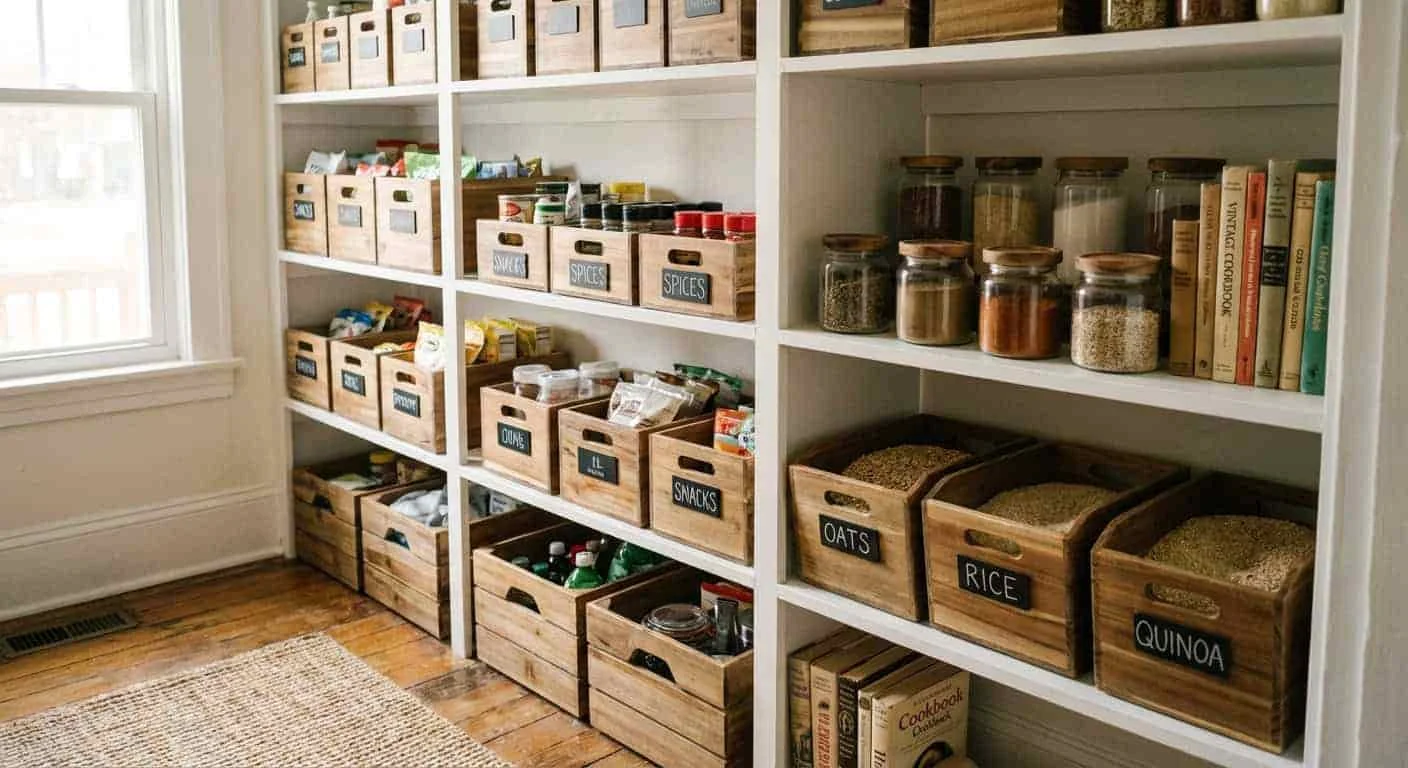 Wooden storage bins organizing pantry shelves with labeled compartments